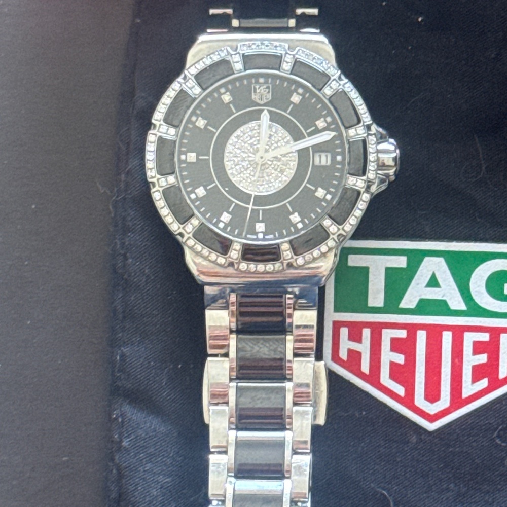 Tag Heur Black + Silver Diamond Watch with paper and box